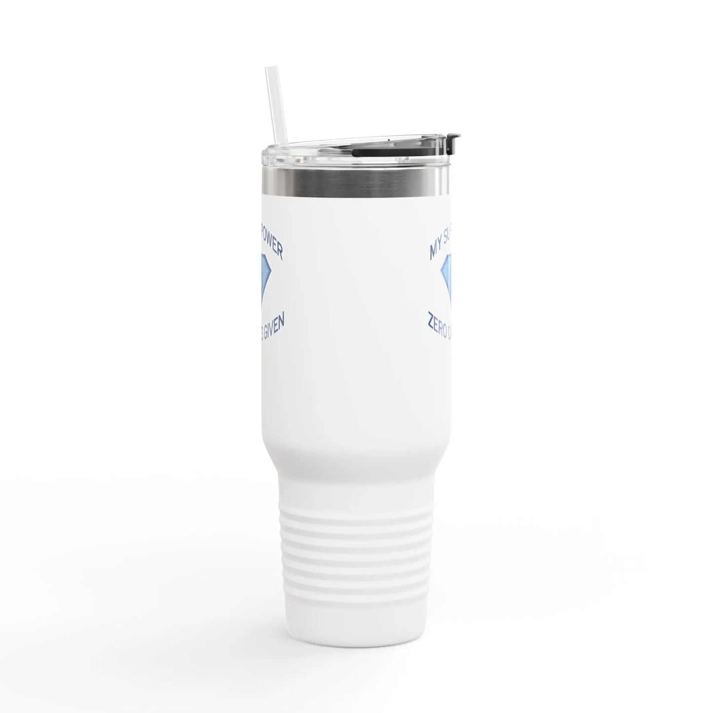 "My Superpower: Zero Cares Given" 40-ounce Travel Mug Printify