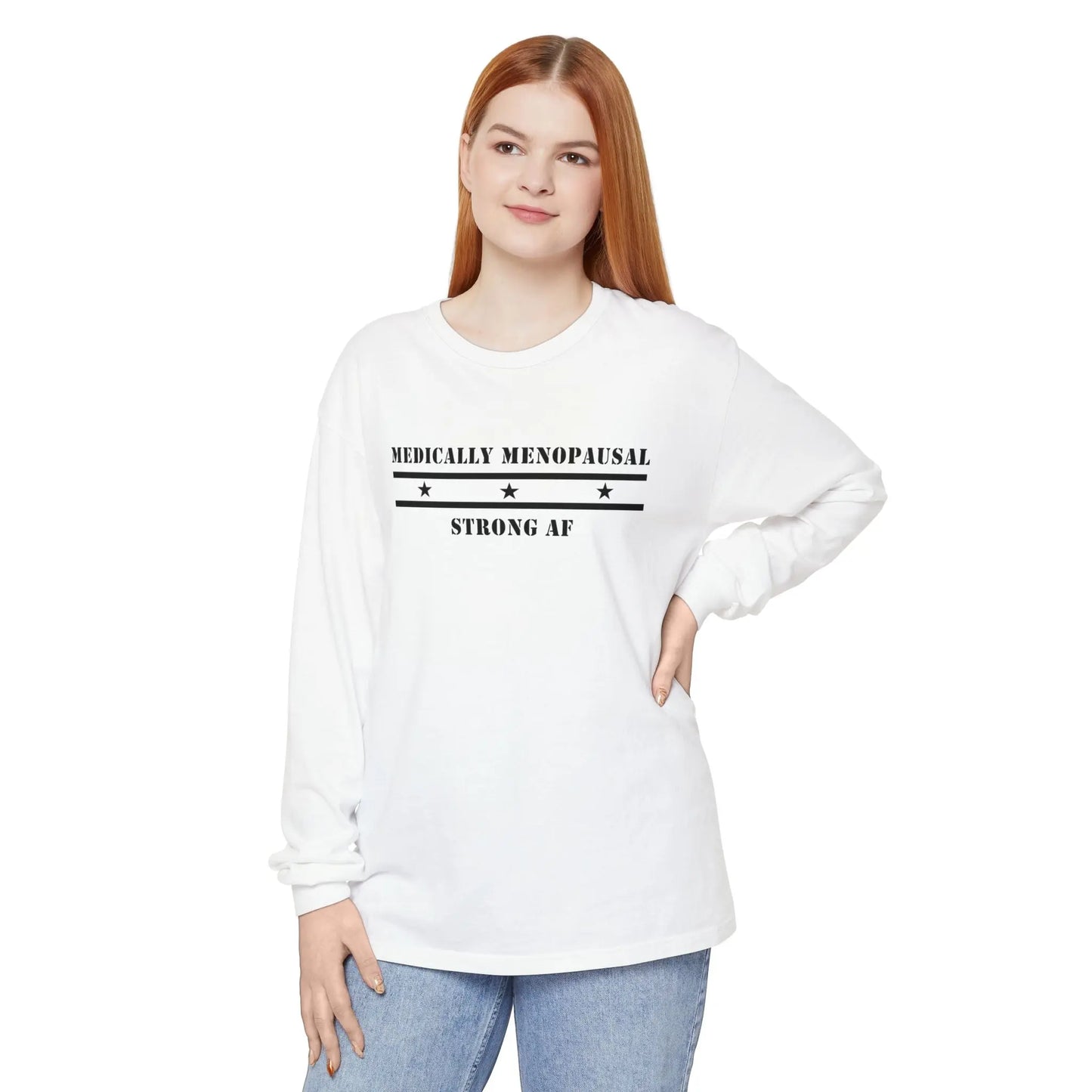 "Medically Menopausal: Strong AF" Long-Sleeved Tee Printify