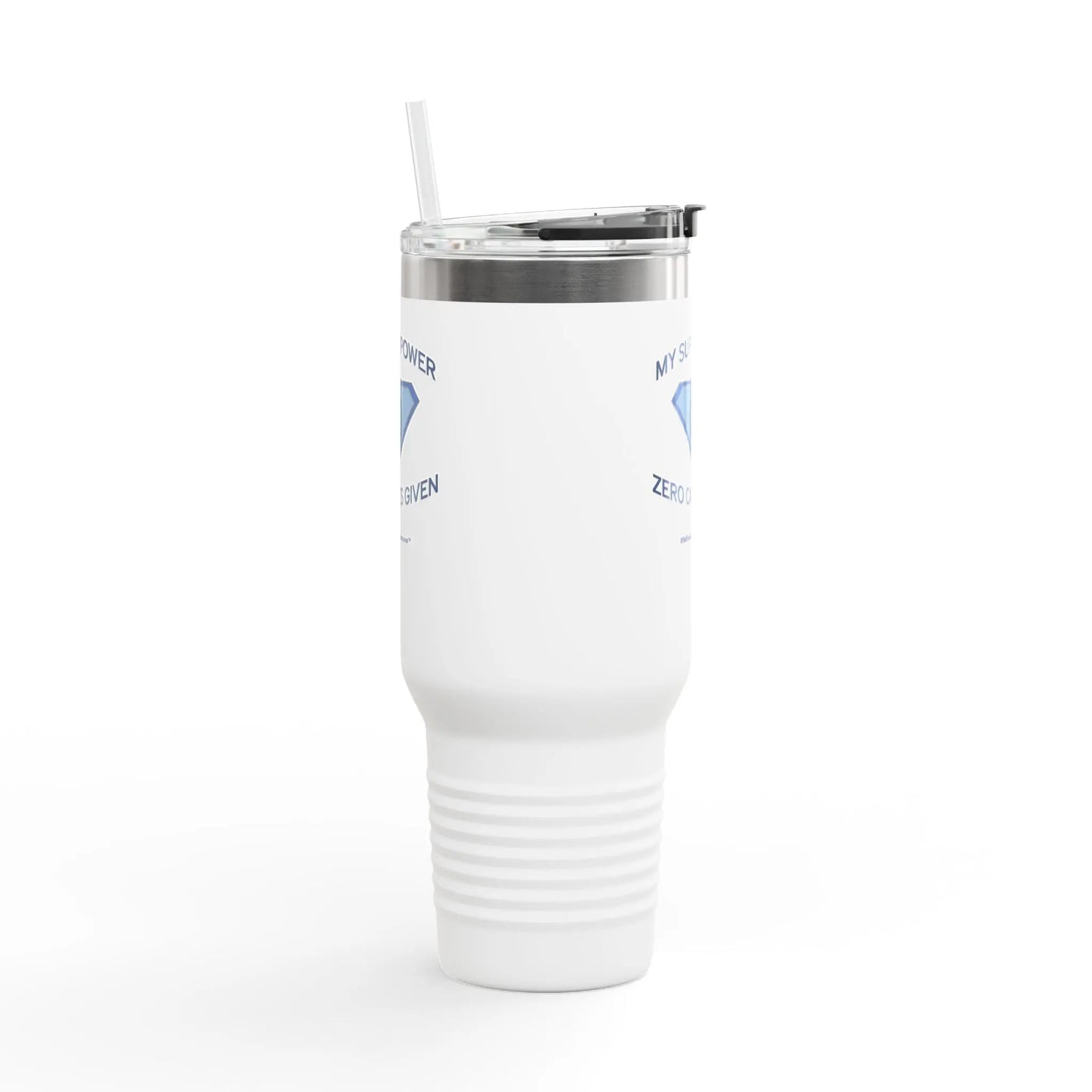 "My Superpower: Zero Cares Given" 40-ounce Travel Mug Printify