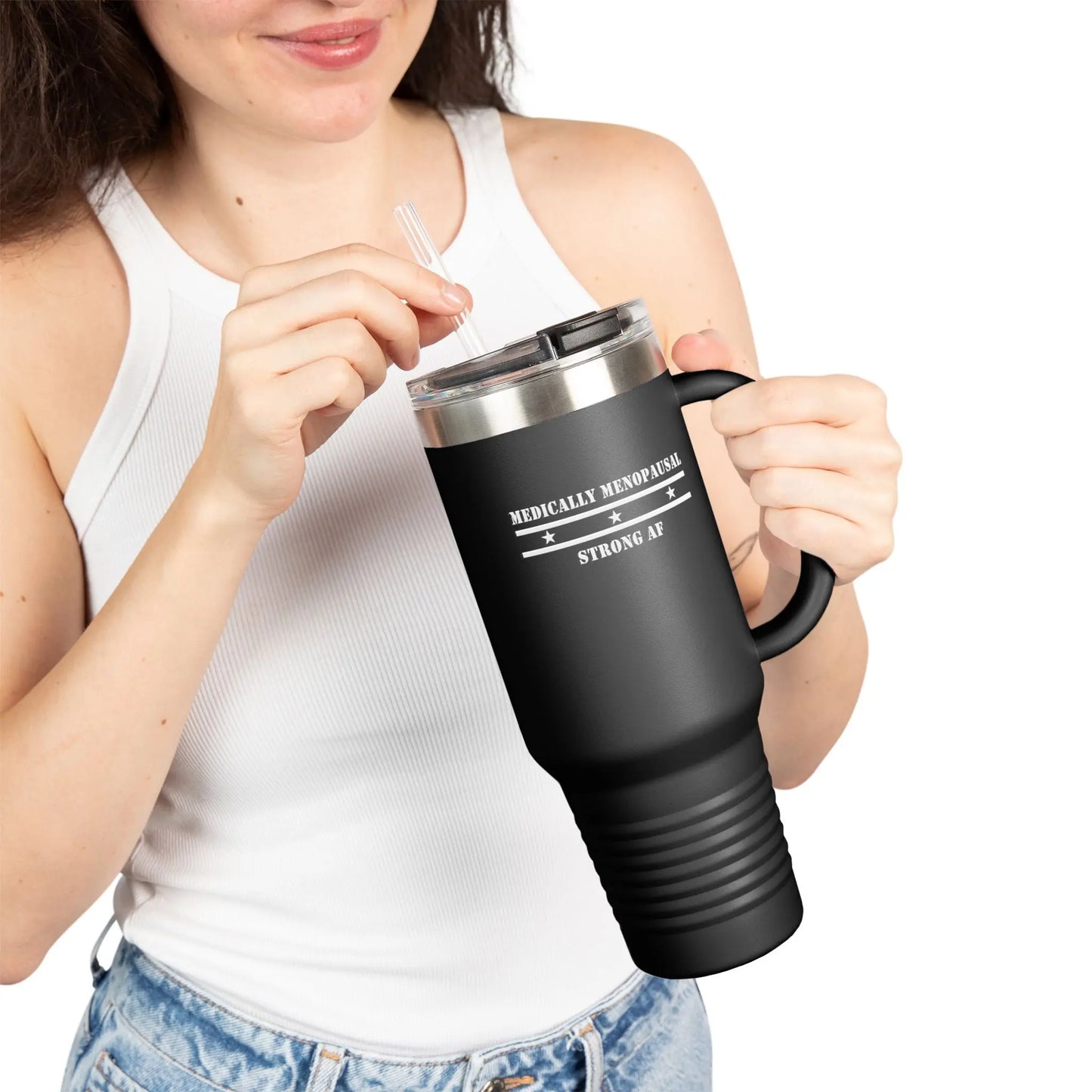 "Medically Menopausal: Strong AF" Travel Mug Printify