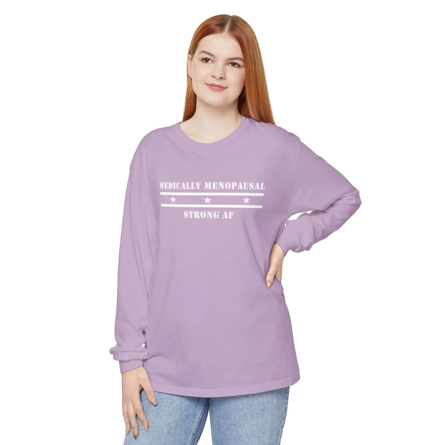 "Medically Menopausal: Strong AF" Long-Sleeved Tee Printify