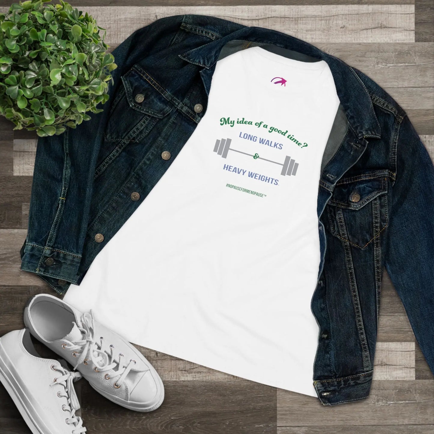 "Long Walks & Heavy Weights" Tee (White) (With Denim Jacket) - #NoPauseForMenopause