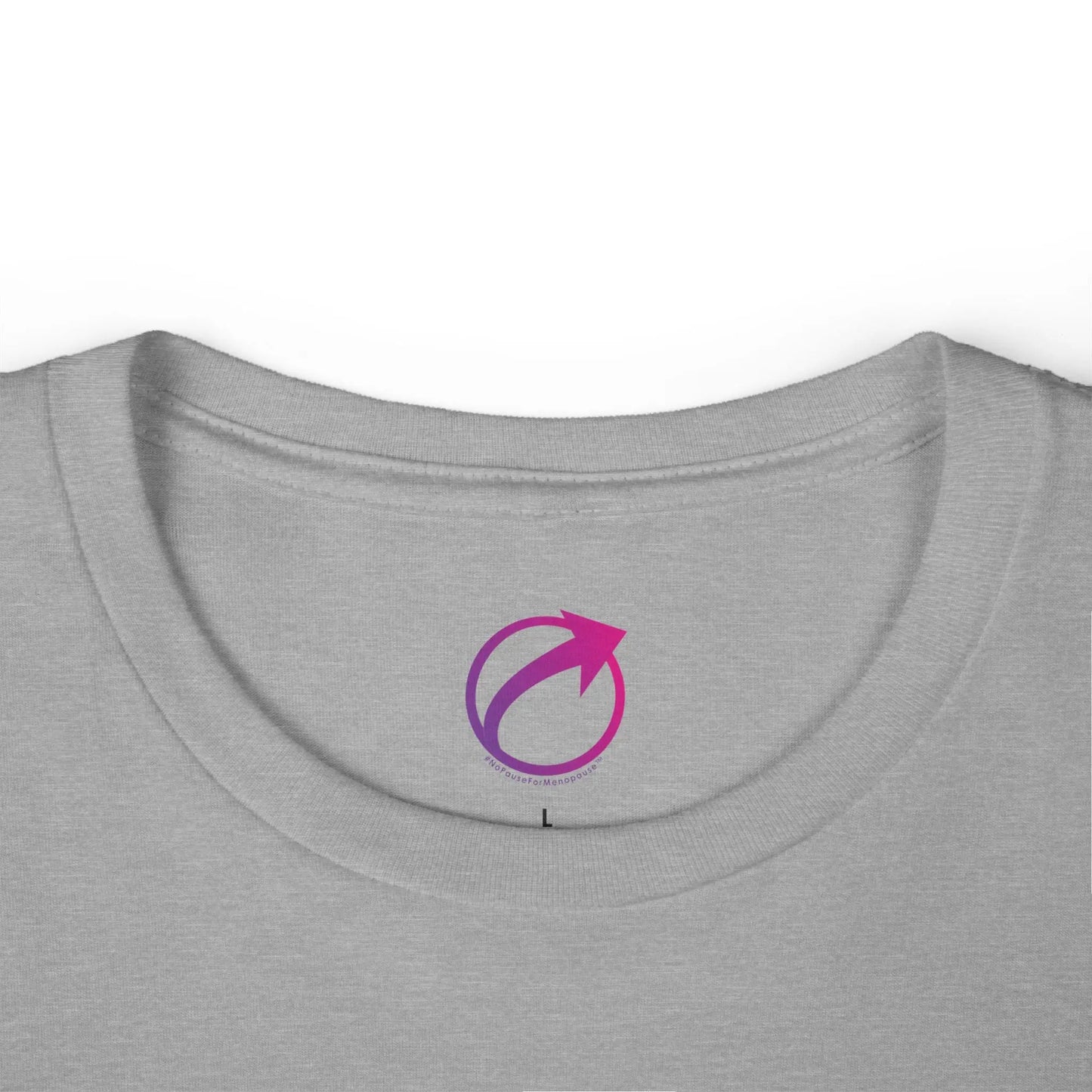 Neck Label for "Postmenopausal" Tee (Athletic Heather with Blue Lettering) - #NoPauseForMenopause