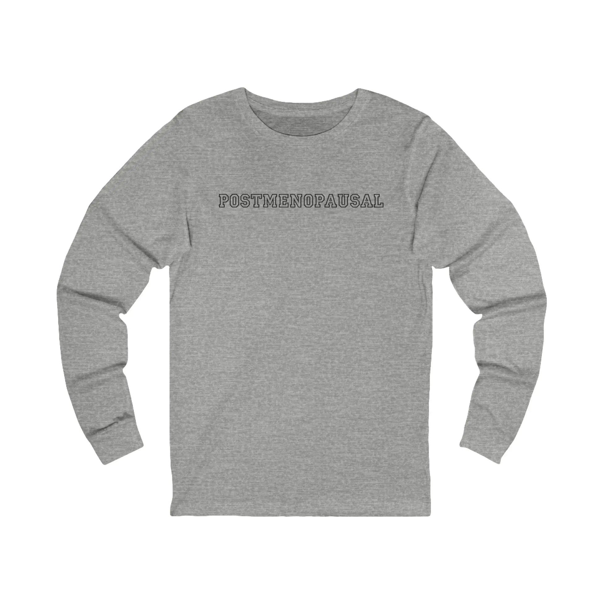 "Postmenopausal" Long Sleeve Tee (Color: Athletic Gray with Blue Lettering) - #NoPauseForMenopause