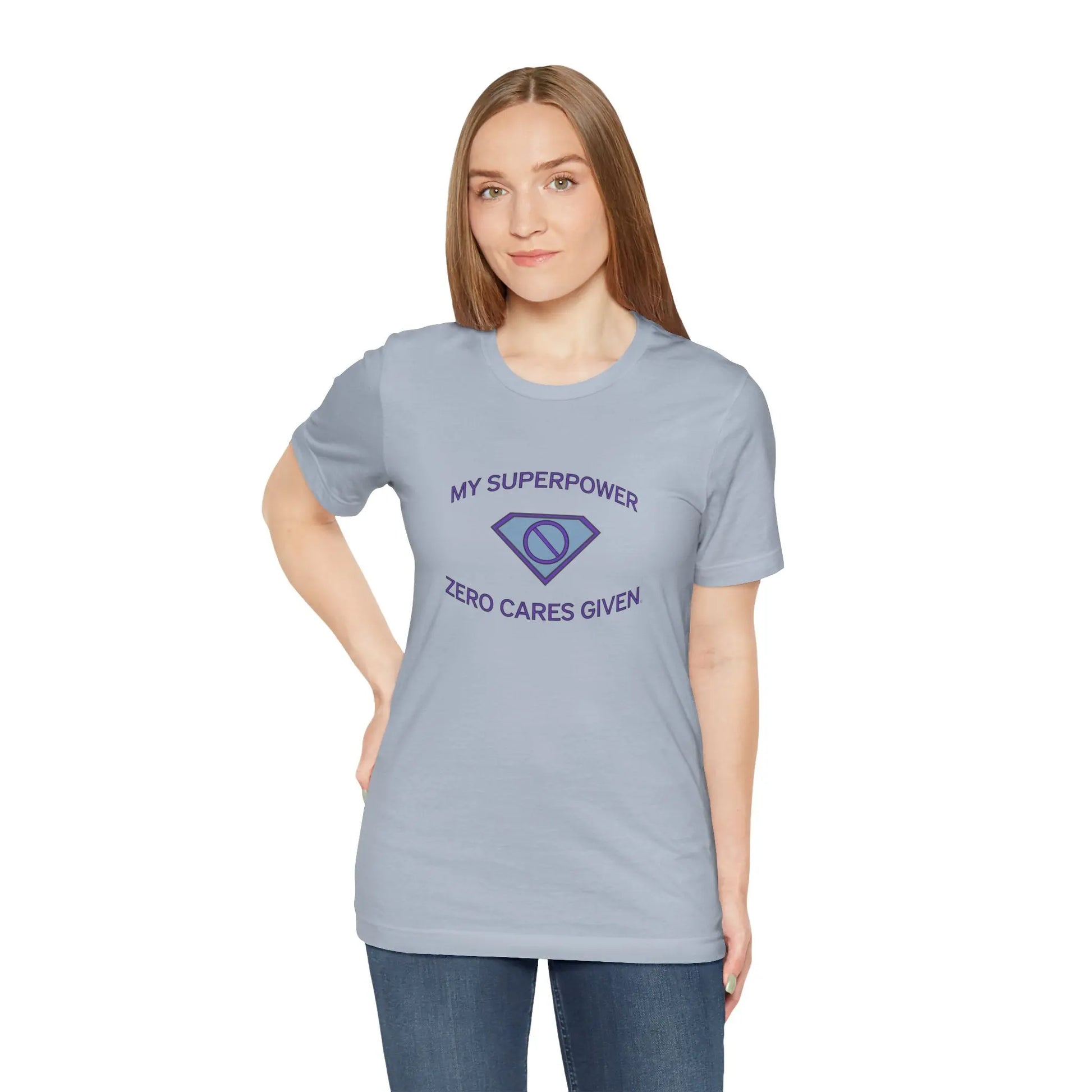 Woman Wearing "My Superpower: Zero Cares Given" Tee (Color: Light Blue)- #NoPauseForMenopause