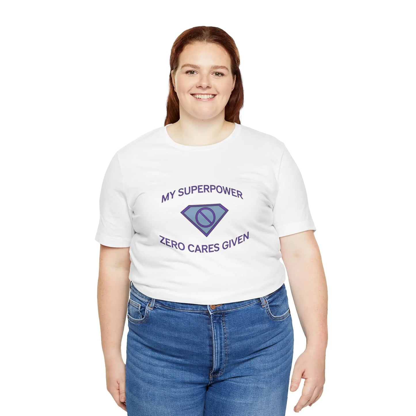 Woman Wearing "My Superpower: Zero Cares Given" Tee (Color: White) - #NoPauseForMenopause