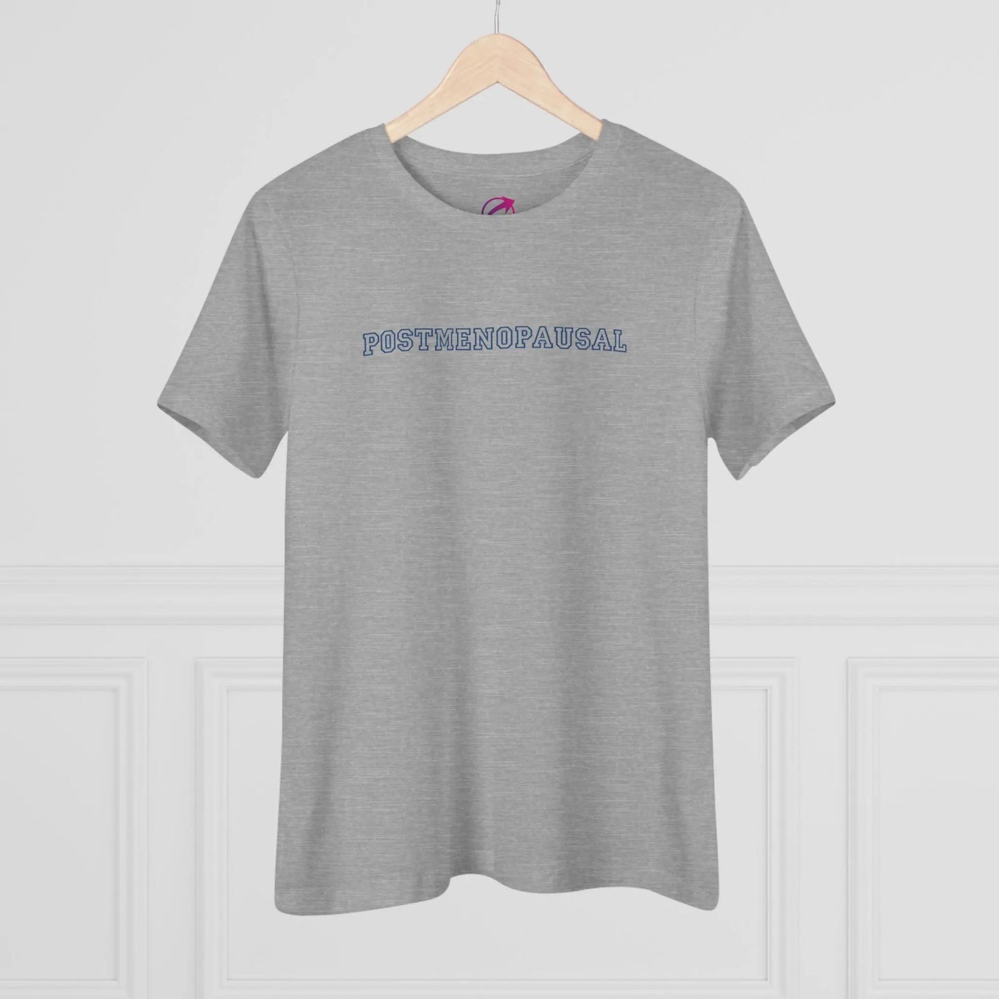 "Postmenopausal" Tee (Athletic Heather with Blue Lettering) (On Hanger) - #NoPauseForMenopause