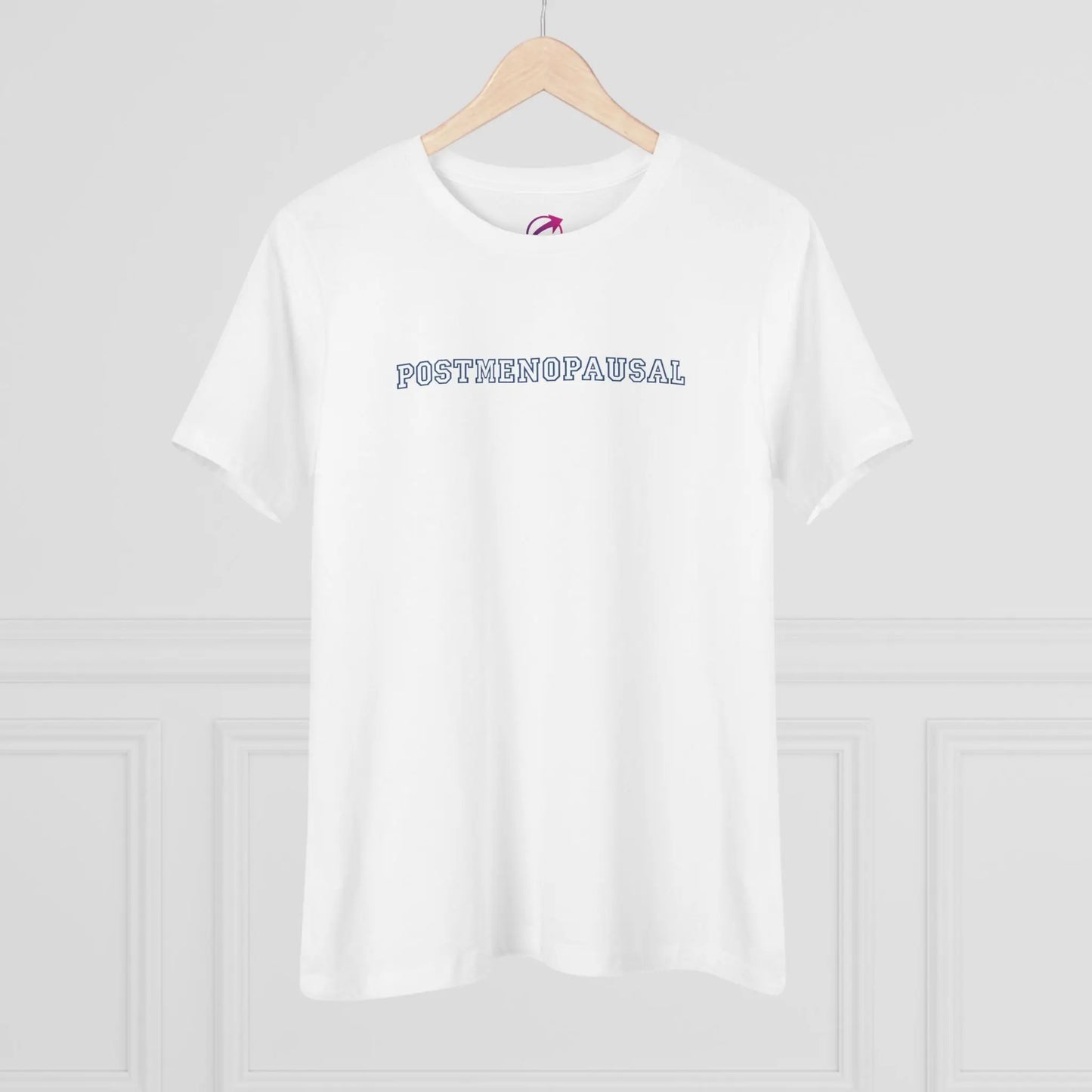 "Postmenopausal" Tee (White with Blue Lettering) (On Hanger) - #NoPauseForMenopause