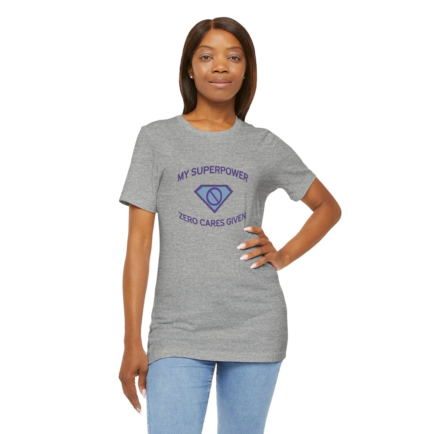 Woman Wearing "My Superpower: Zero Cares Given" Tee (Color: Athletic Gray) - #NoPauseForMenopause