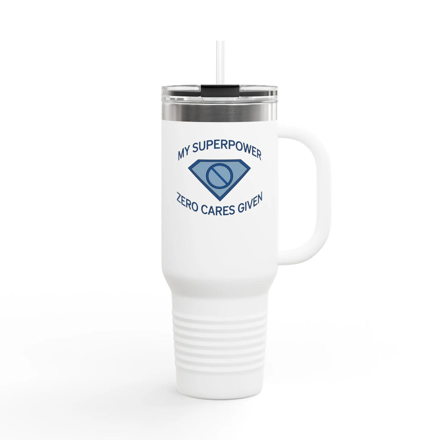 "My Superpower: Zero Cares Given" 40-ounce Travel Mug Printify