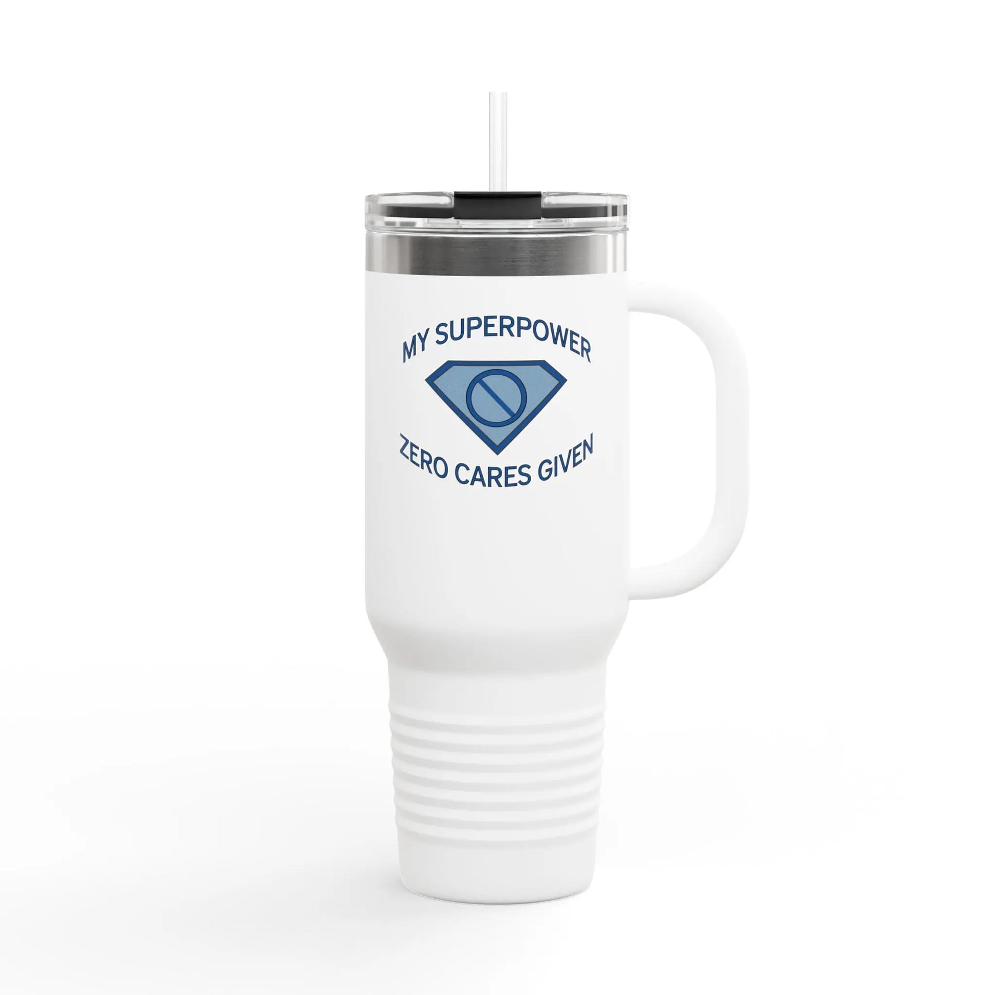 "My Superpower: Zero Cares Given" 40-ounce Travel Mug Printify