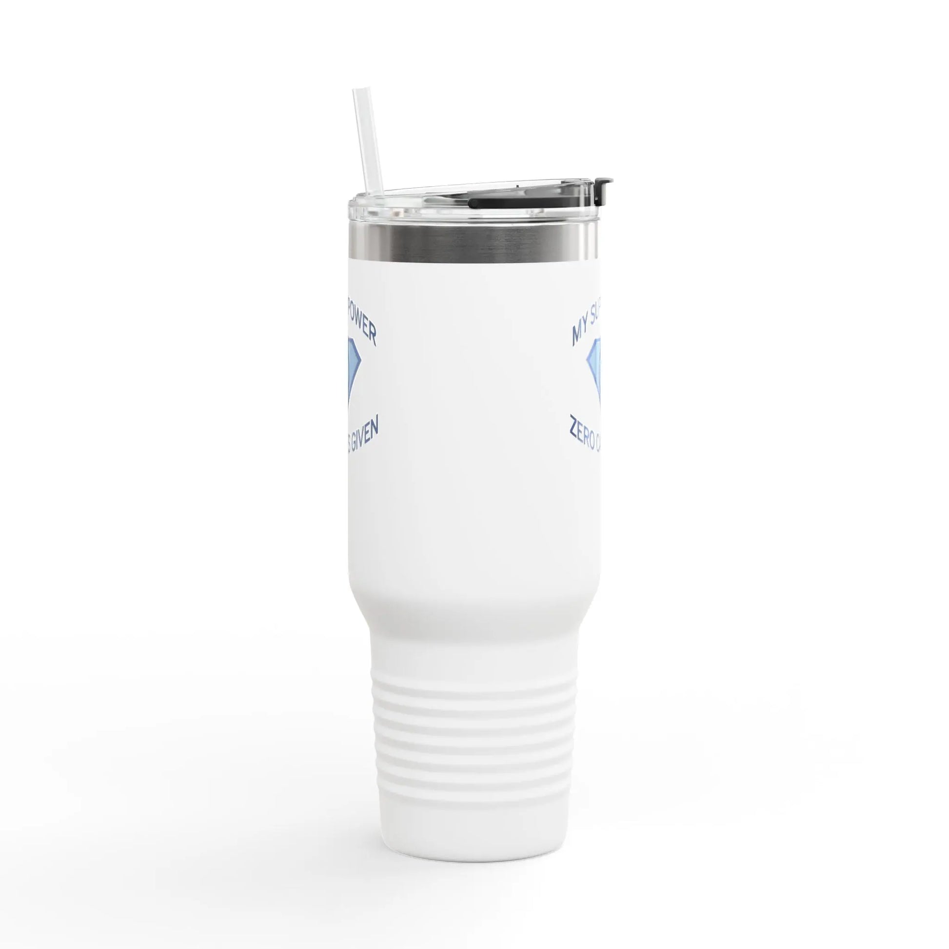 "My Superpower: Zero Cares Given" 40-ounce Travel Mug Printify
