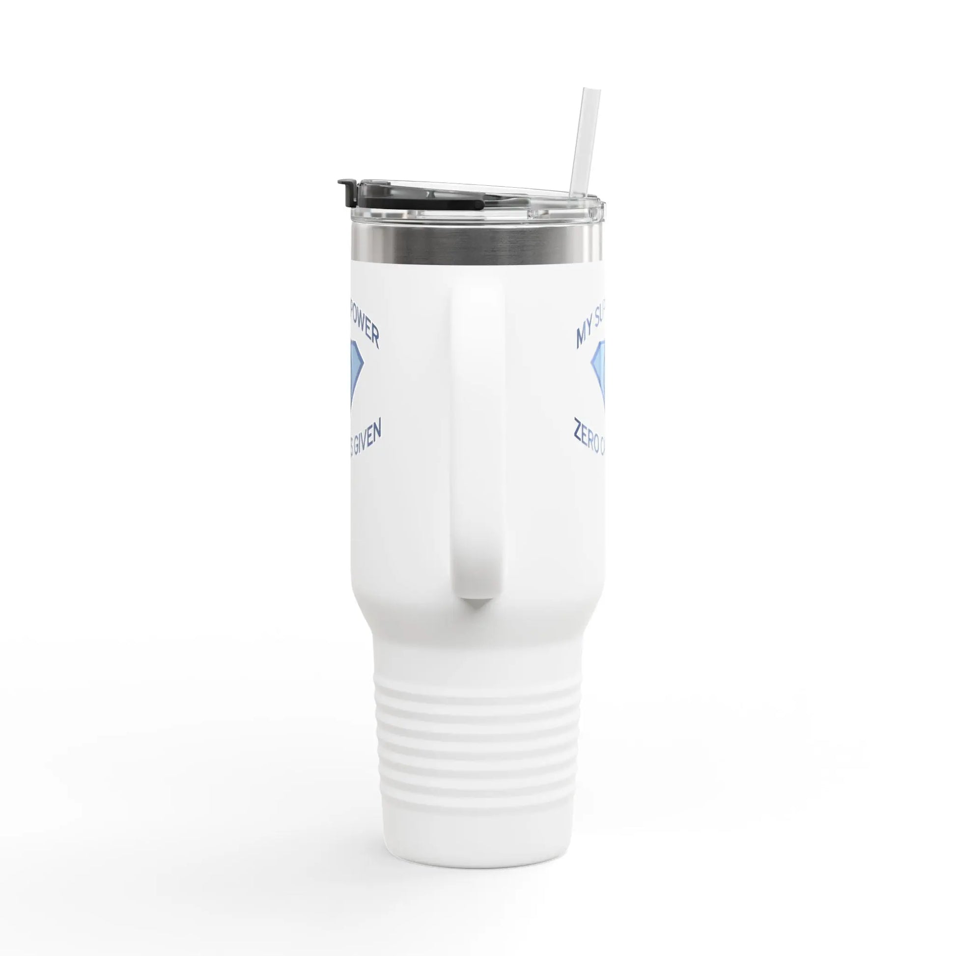 "My Superpower: Zero Cares Given" 40-ounce Travel Mug Printify