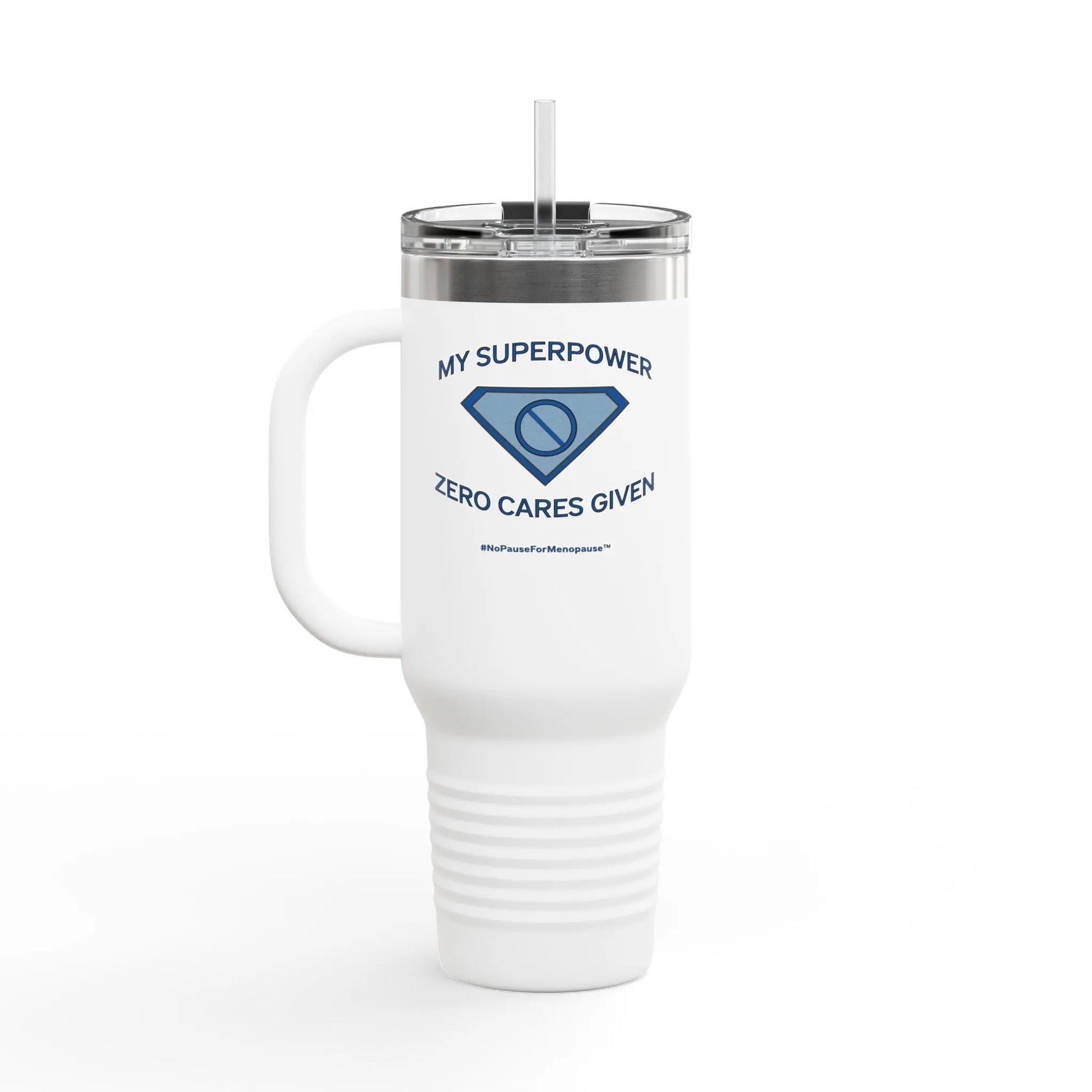 "My Superpower: Zero Cares Given" 40-ounce Travel Mug Printify