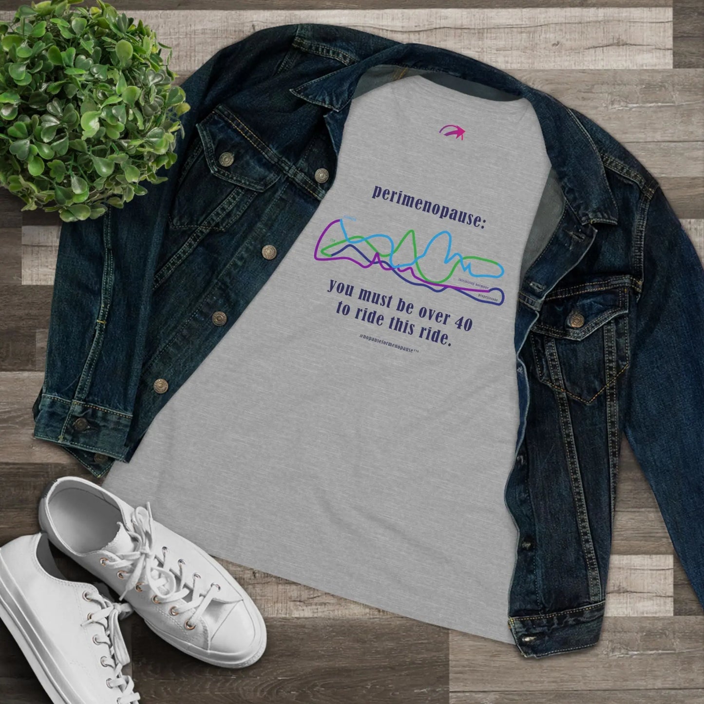 Perimenopause "Ride This Ride" Tee (Color: Athletic Gray) (With Denim Jacket) - #NoPauseForMenopause