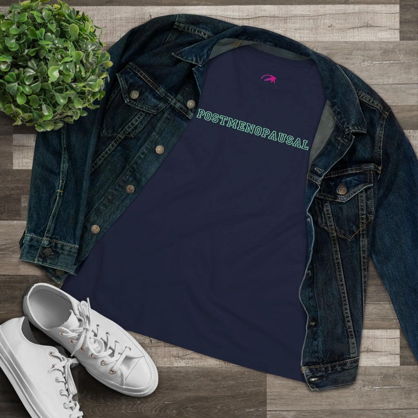 "Postmenopausal" Tee (Navy with Mint Green Lettering) (With Denim Jacket) - #NoPauseForMenopause