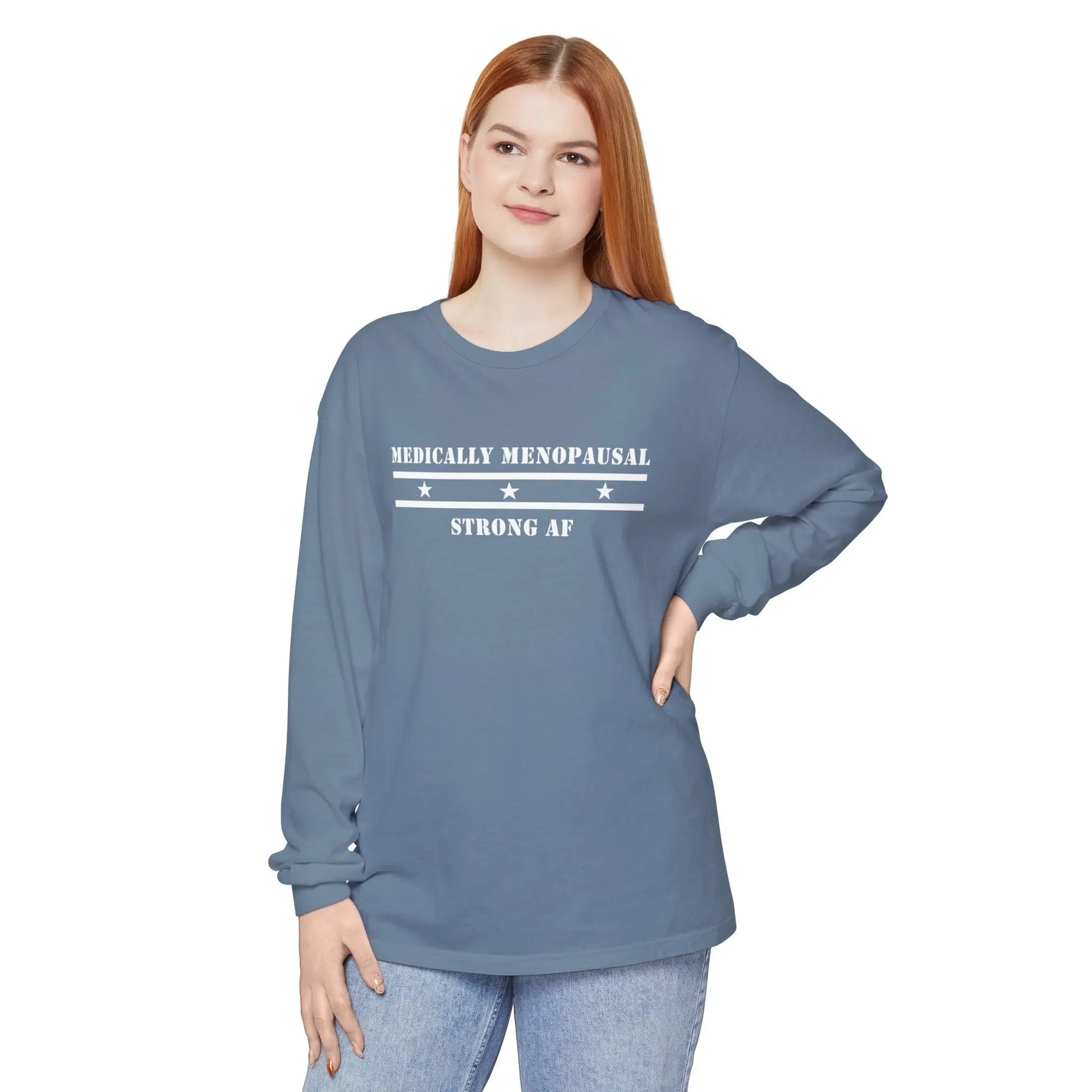"Medically Menopausal: Strong AF" Long-Sleeved Tee Printify