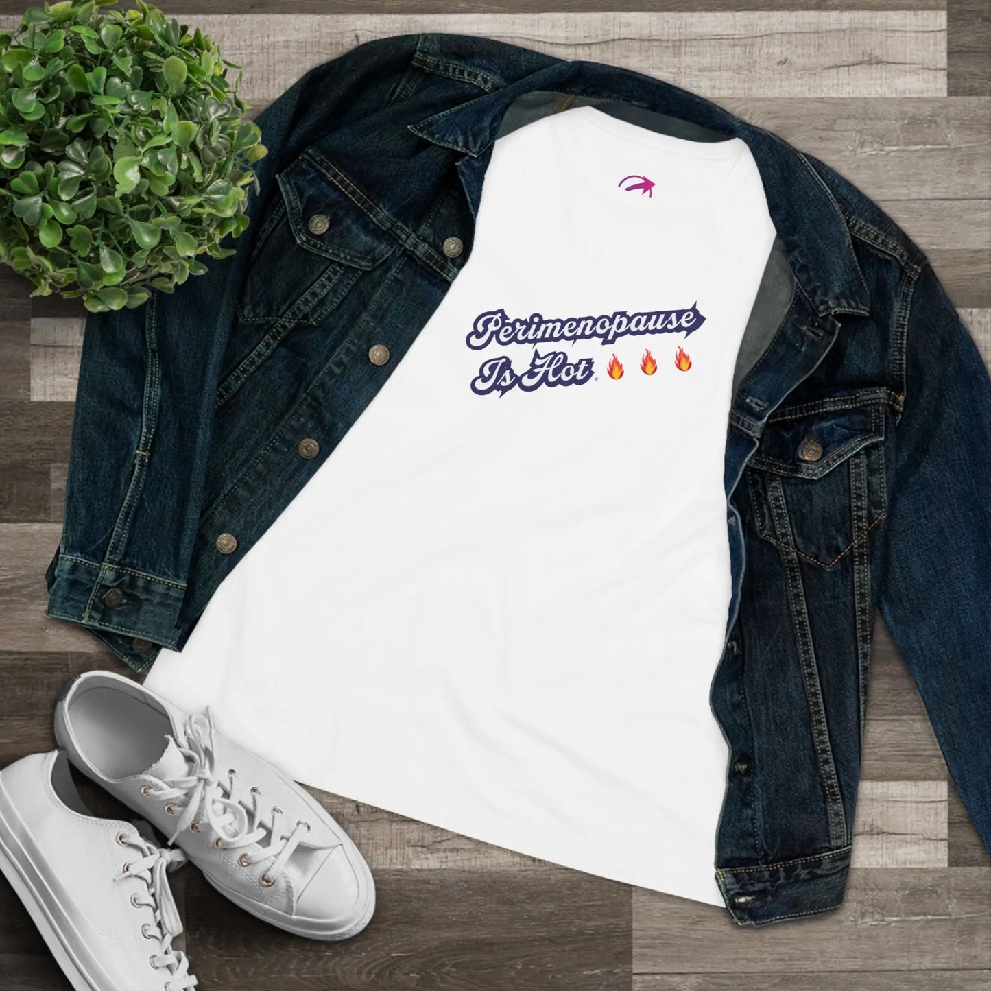 "Perimenopause Is Hot" Tee (Color: White) (With Denim Jacket) - #NoPauseForMenopause