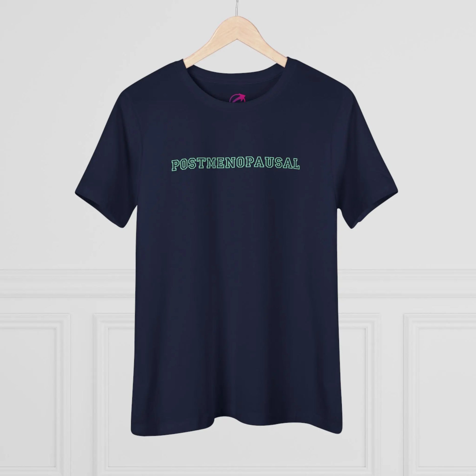 "Postmenopausal" Tee (Navy with Mint Green Lettering) (On Hanger) - #NoPauseForMenopause