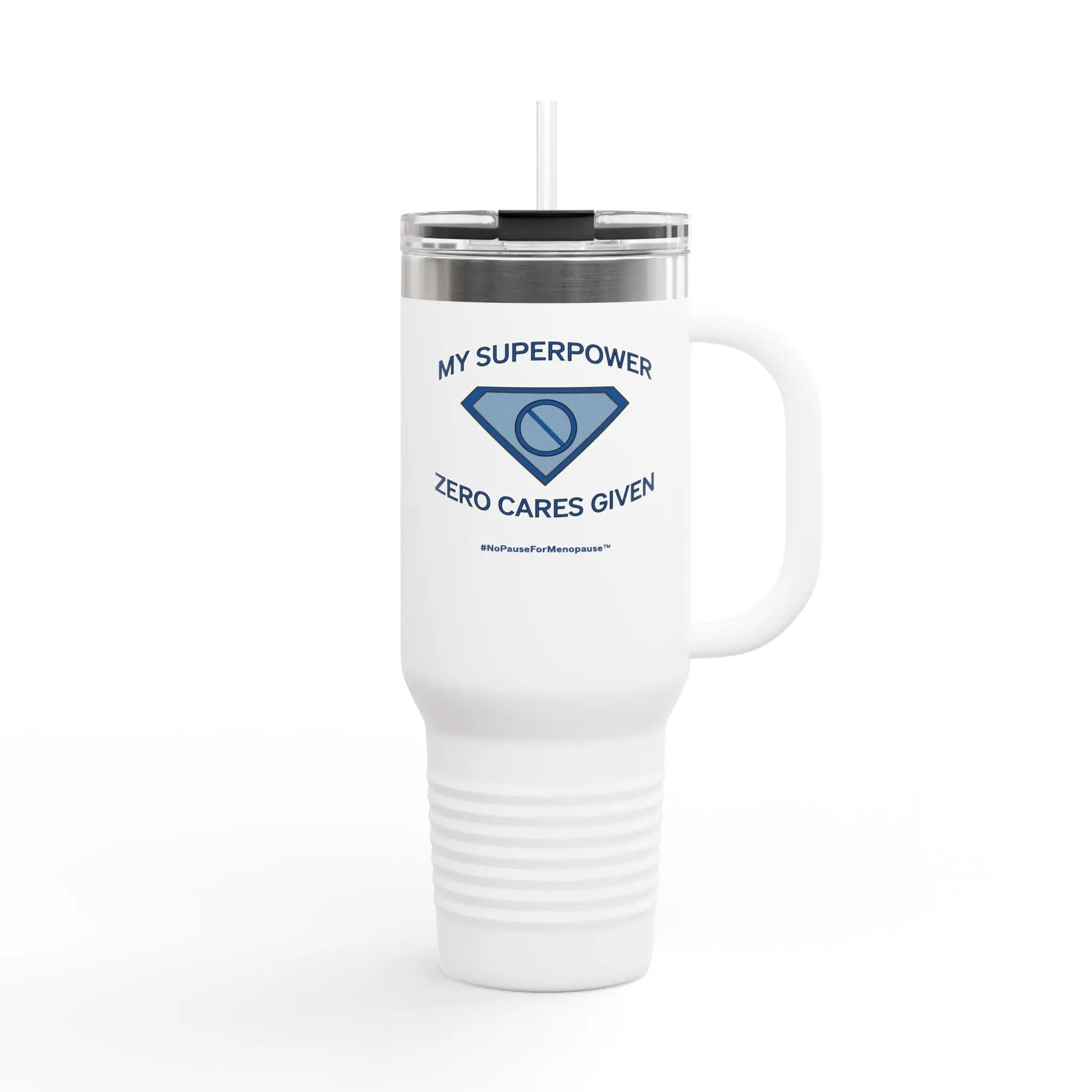 "My Superpower: Zero Cares Given" 40-ounce Travel Mug Printify