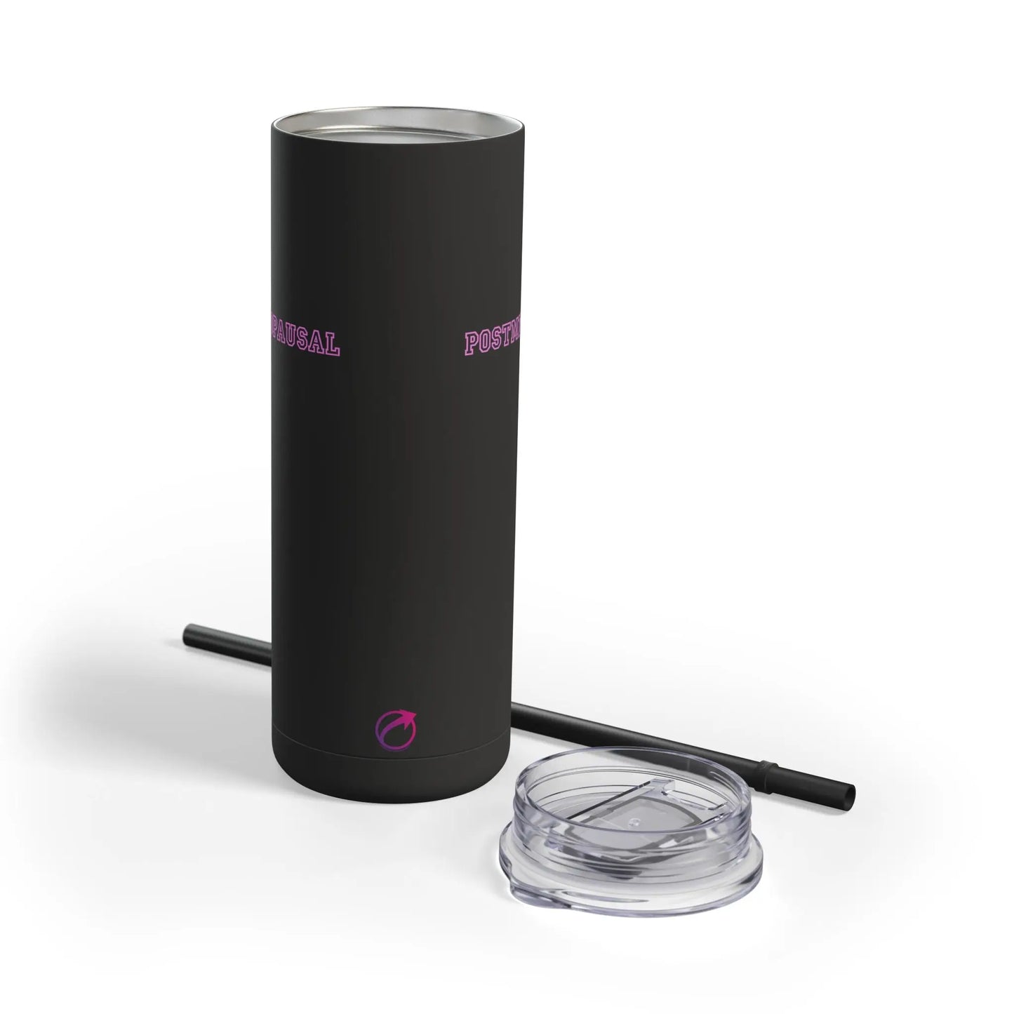 "Postmenopausal" Skinny Tumbler with Straw (Color: Black) - #NoPauseForMenopause