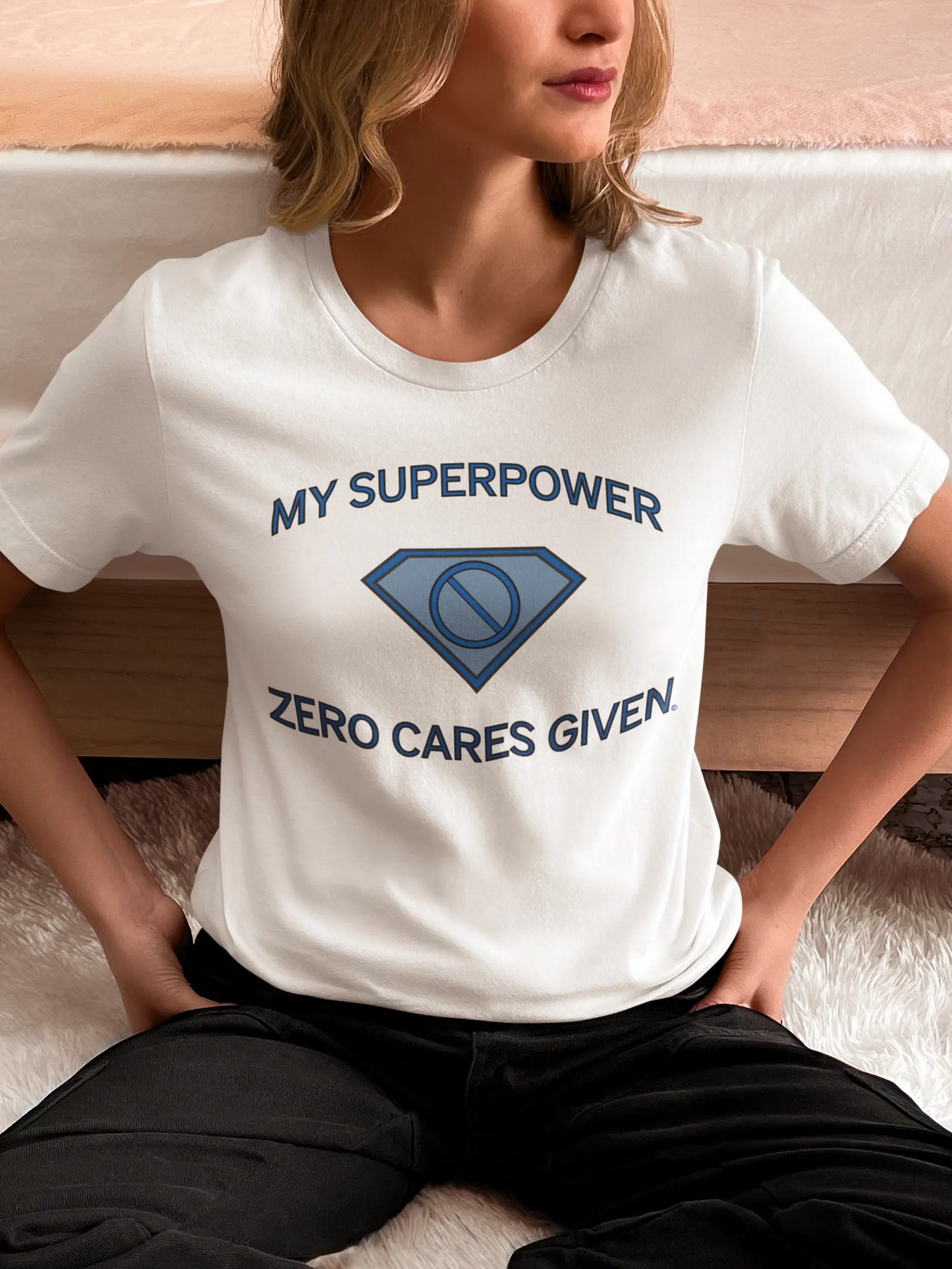 Woman Wearing "My Superpower: Zero Cares Given" Tee (Color: White) - #NoPauseForMenopause