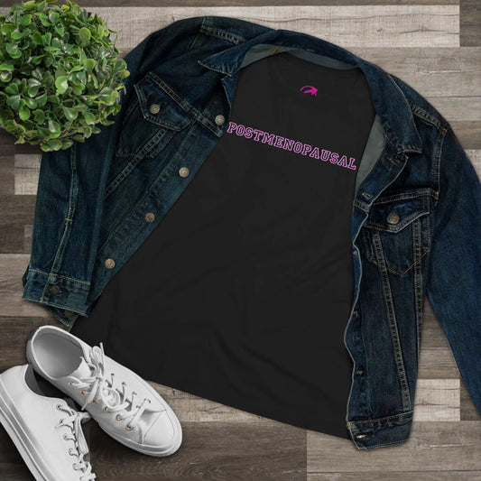 "Postmenopausal" Tee (Black Tee with Pink Lettering) (Pictured with Denim Jacket)- #NoPauseForMenopause