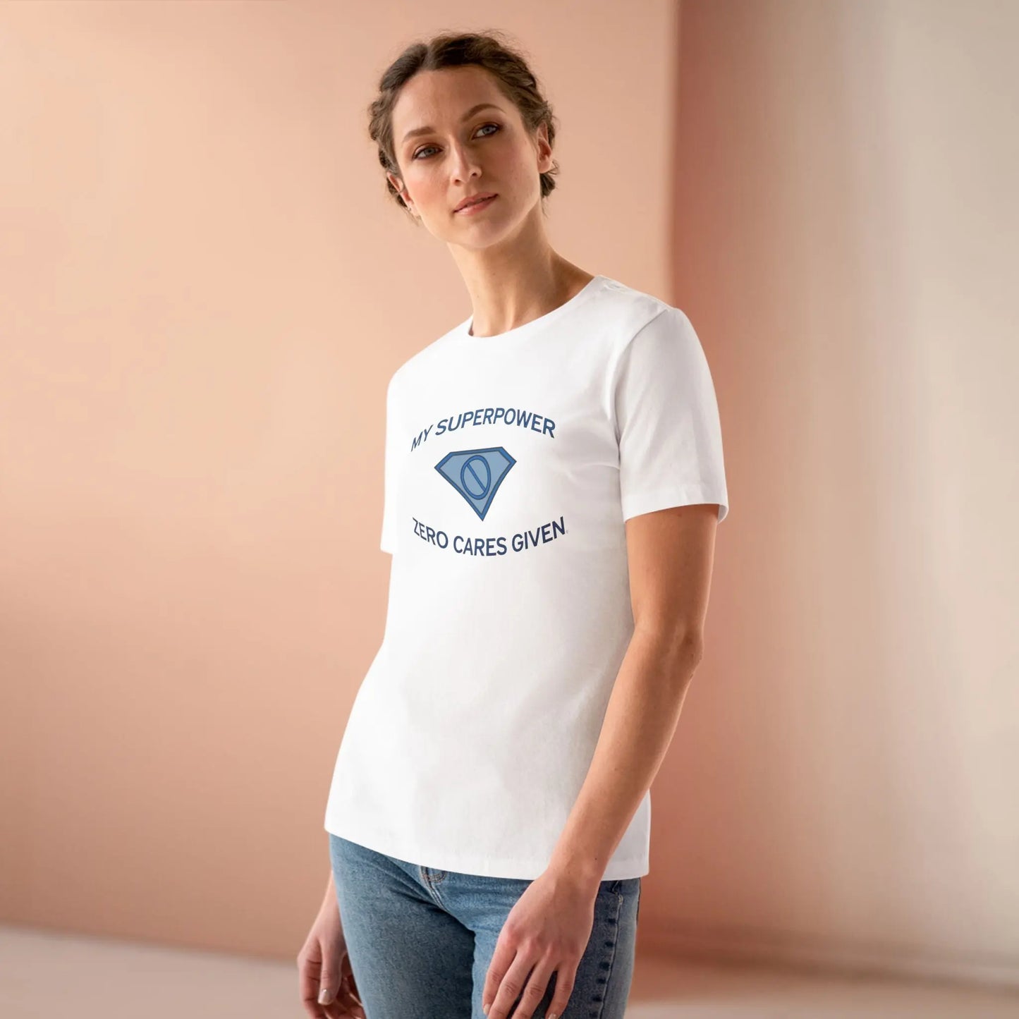 Woman Wearing "My Superpower: Zero Cares Given" Tee (White) - #NoPauseForMenopause