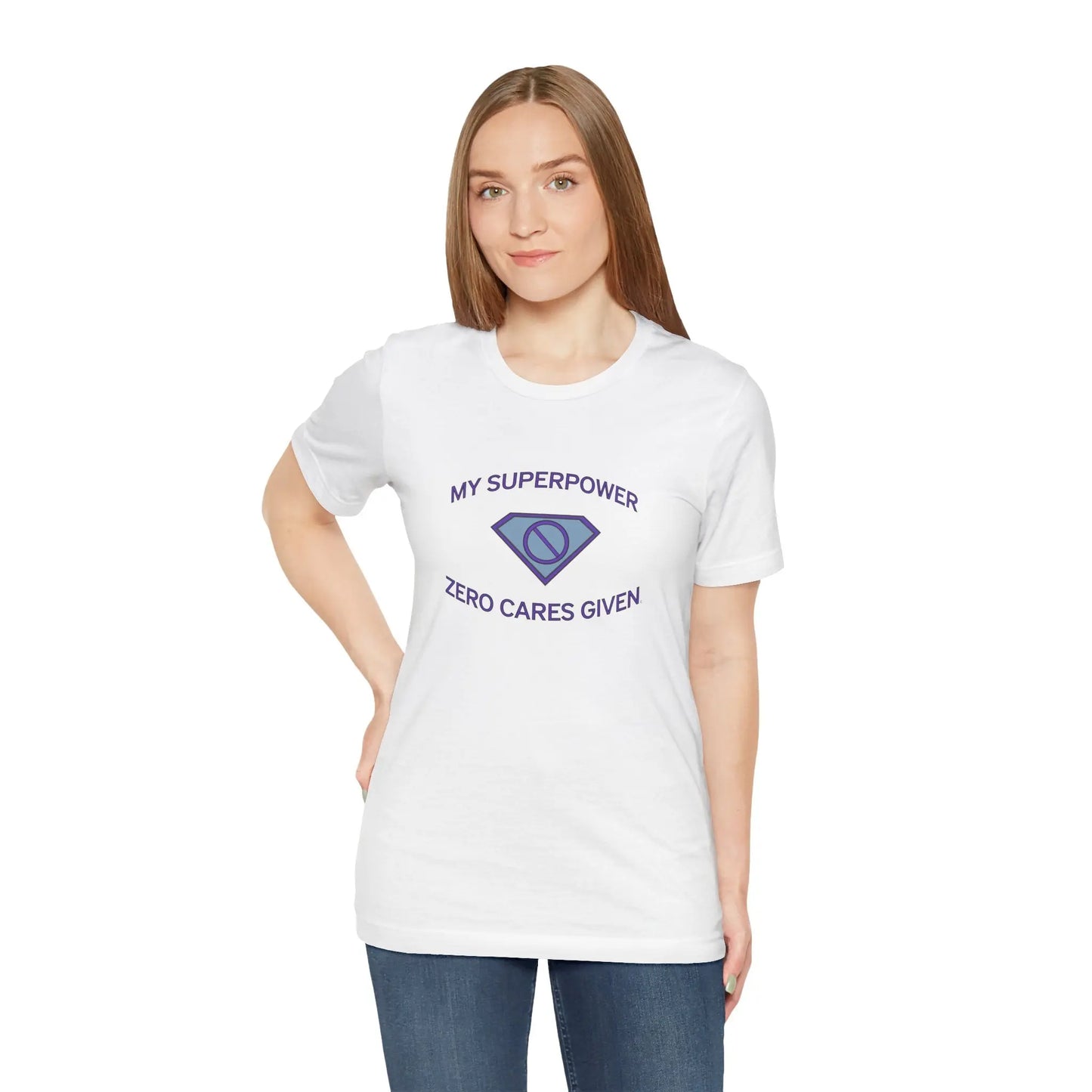 Woman Wearing "My Superpower: Zero Cares Given" Tee (Color: White) - #NoPauseForMenopause