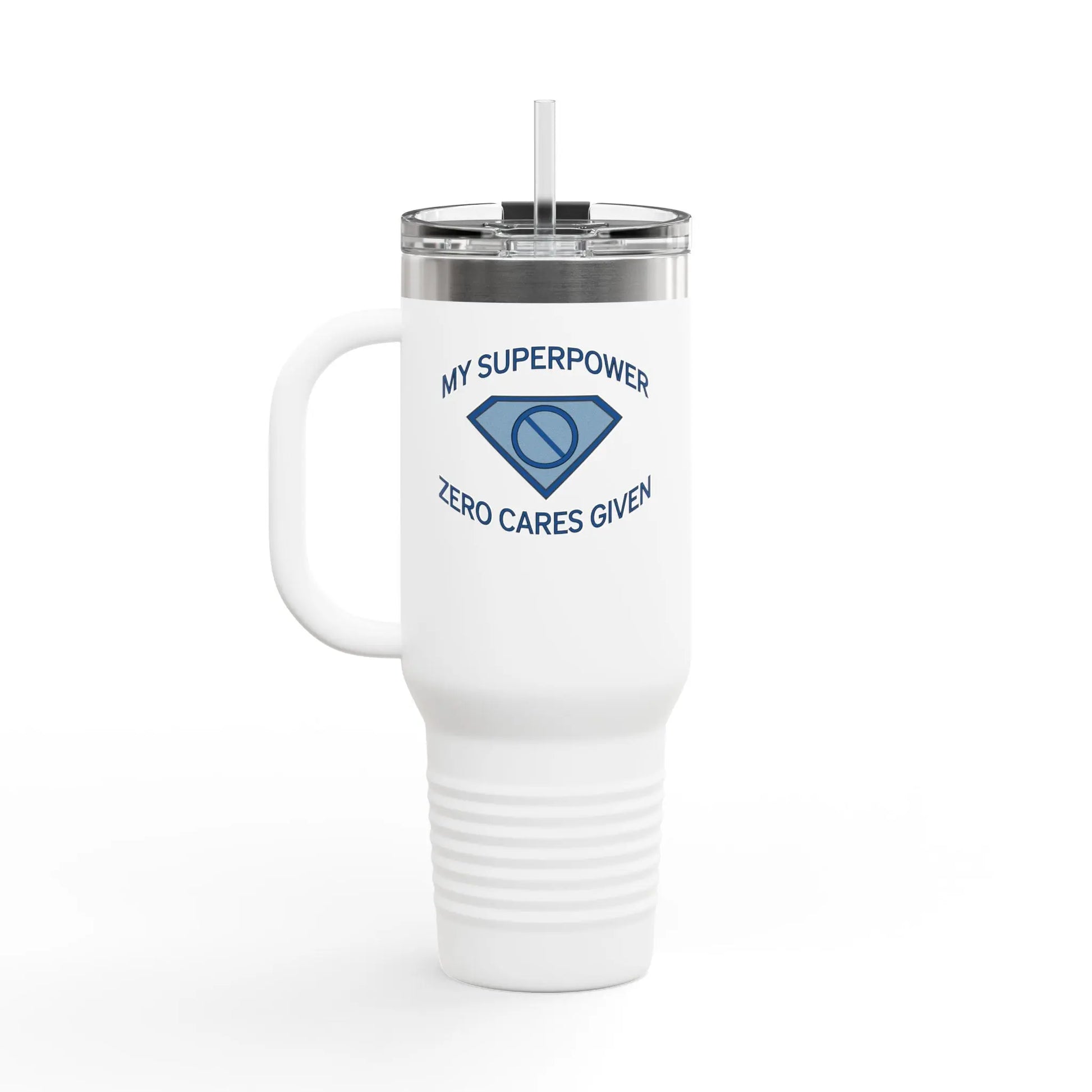 "My Superpower: Zero Cares Given" 40-ounce Travel Mug Printify