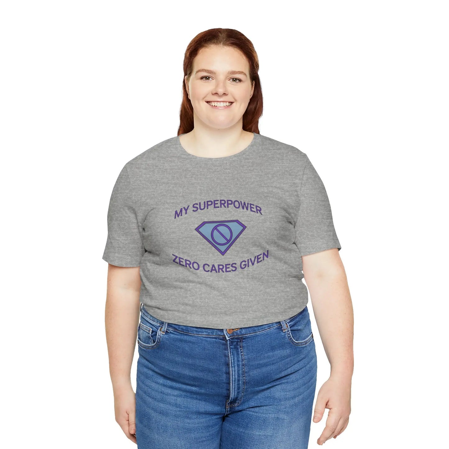 Woman Wearing "My Superpower: Zero Cares Given" Tee (Color: Athletic Gray) - #NoPauseForMenopause