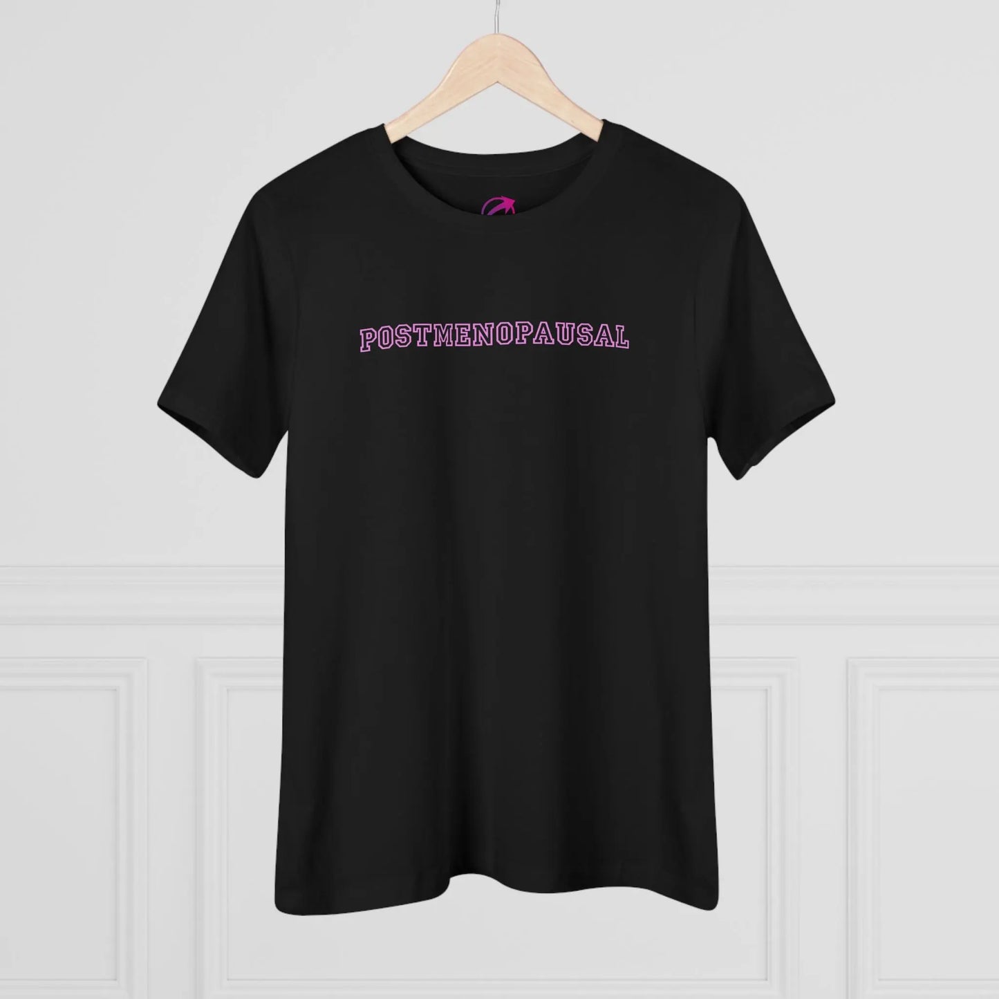 "Postmenopausal" Tee (Black with Pink Lettering) (On Hanger) - #NoPauseForMenopause