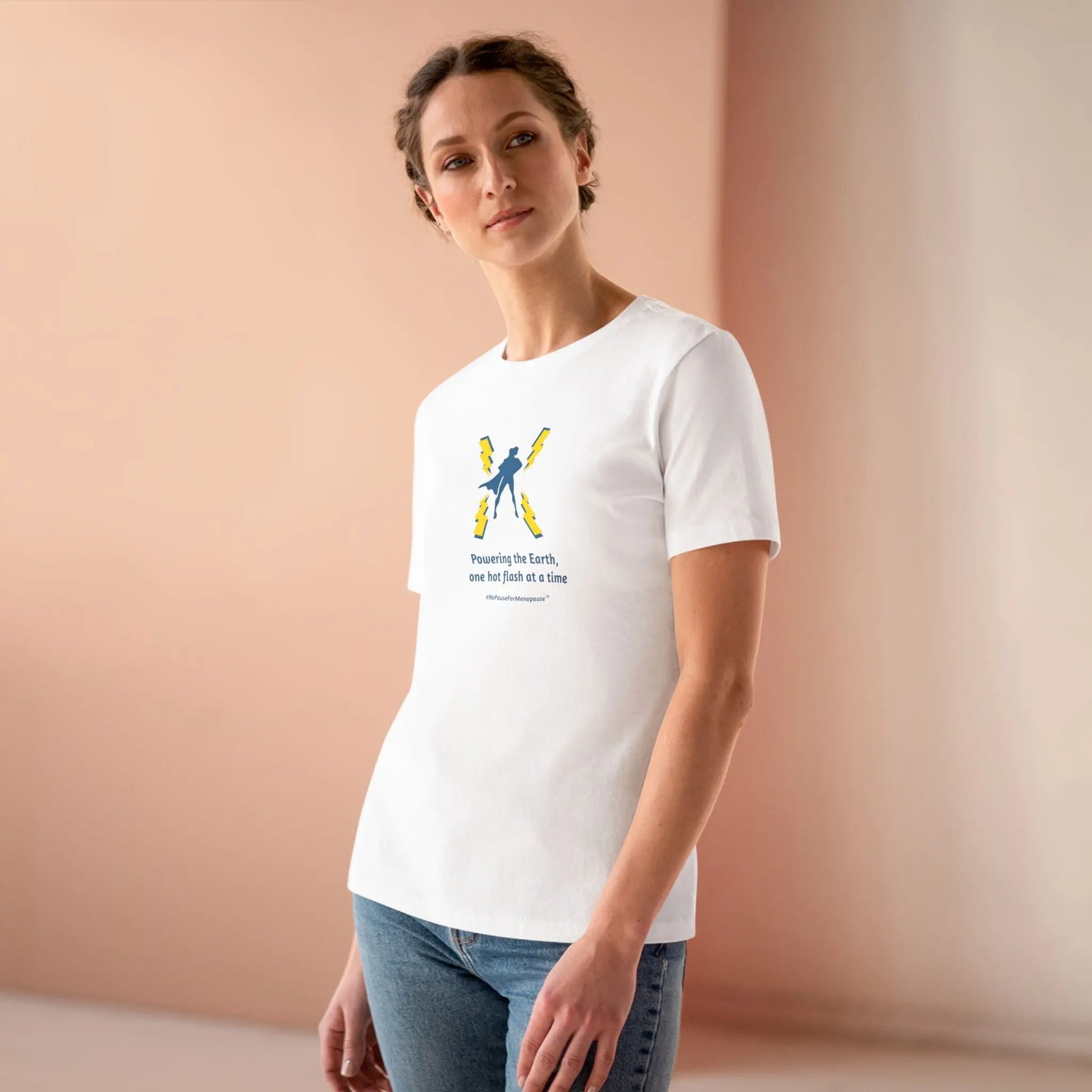 Model wearing White "Powering the Earth, One Hot Flash At A Time" Women's Tee - #NoPauseForMenopause