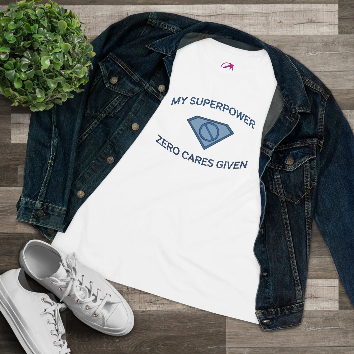 "My Superpower: Zero Cares Given" Tee (White) (With Denim Jacket) - #NoPauseForMenopause