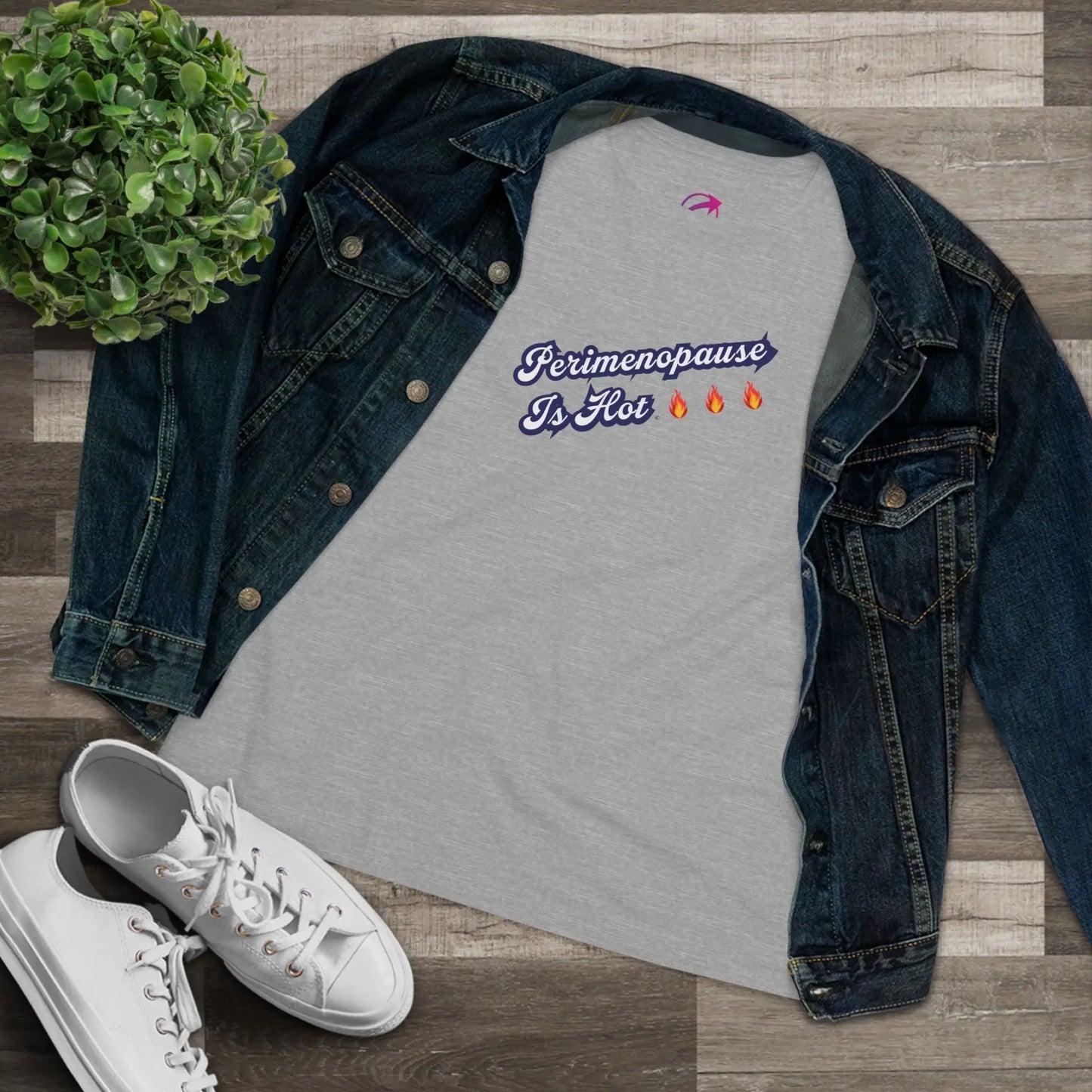 "Perimenopause Is Hot" Tee (Color: Athletic Gray) (With Denim Jacket) - #NoPauseForMenopause